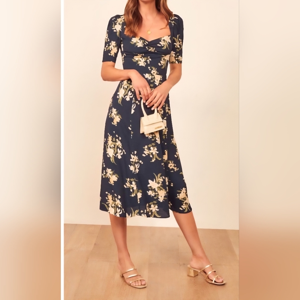 Reformation Floral Navy Midi Skirt | SIZE 12 - Picture 4 of 12